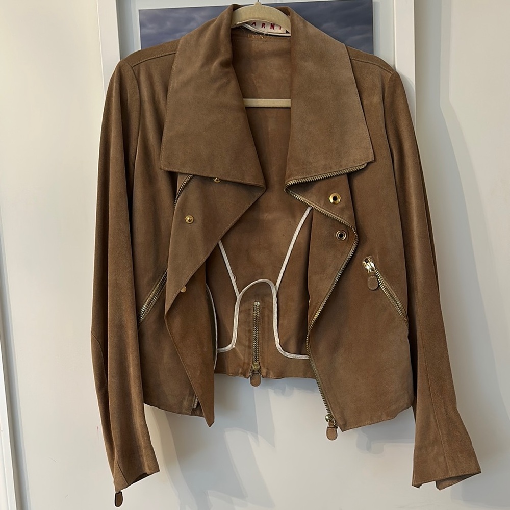 Marni Brown Leather Jacket Asymmetrical Moto Style